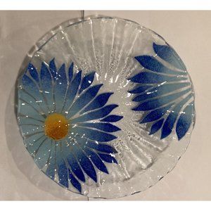 Fused glass plate signed Sydenstricker Yellow Blue Flowers Fluted Edge 7”D